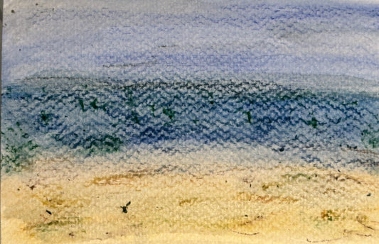 Watercolor ink sketch of the beach. This is the label concept.